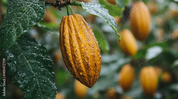 Obraz Freshly Ripe Wet Cocoa Pods Hanging on a Branch in a Lush Tropical Plantation – Macro Shot of Cacao Fruit with Water Droplets Ready for Harvest and Chocolate Manufacturing