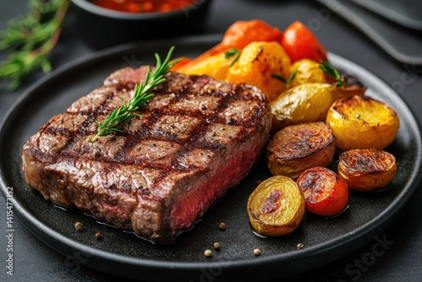 Obraz Juicy steak with assorted vegetables and golden-brown potatoes on a white plate.