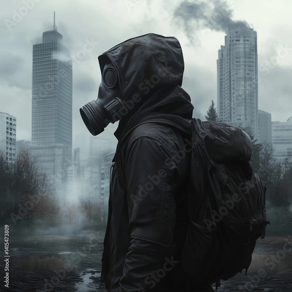 Fototapeta A man wearing a gas mask for respiratory protection. Exclusion zone. The concept of survival in a post-apocalyptic world. Deserted city. A consequence of a natural or man-made disaster. Illustration