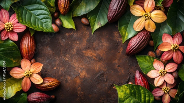 Obraz Cacao pods and flowers on brown background., top view with copy space
