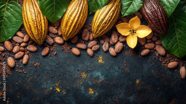 Obraz Cocoa Pods, beans, leaves and Cacao Flowers on black background, copy space
