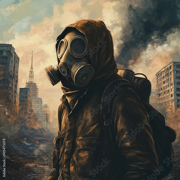 Fototapeta A man wearing a gas mask for respiratory protection. Exclusion zone. The concept of survival in a post-apocalyptic world. Deserted city. A consequence of a natural or man-made disaster. Illustration