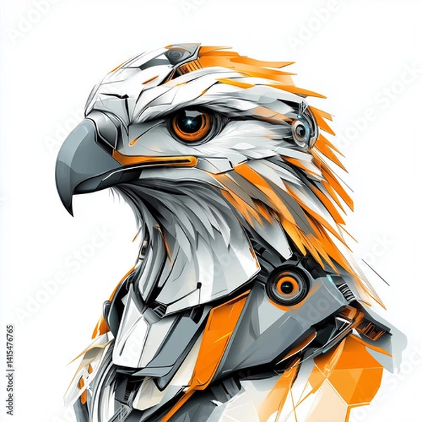 Fototapeta Eagle head illustration. Futuristic unusual robot bird. Creative concept. Generative AI. Design for banner, poster, cover, brochure or presentation