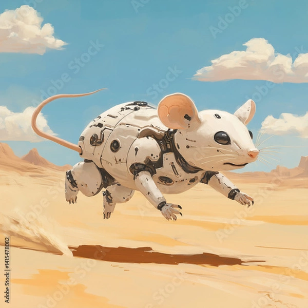 Fototapeta A robot mouse running through the desert. Furururistic Technologies. Illustration for banner, poster, cover, brochure or presentation design