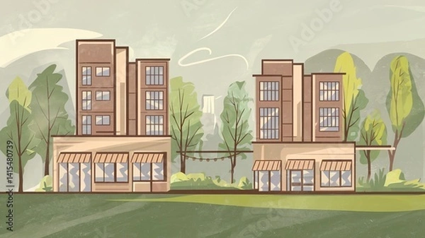 Fototapeta illustration of a modern urban landscape featuring contemporary buildings and greenery. High-rise structures with large windows are surrounded by trees and a clear sky