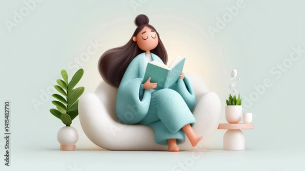 Fototapeta Animated woman in a serene setting, reading a book comfortably on a modern chair, surrounded by plants and minimalistic decor.