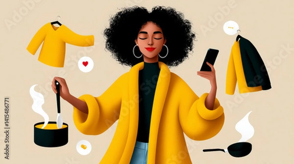 Fototapeta Illustration of a woman multitasking: cooking while checking her phone, with other items like clothes floating around her.