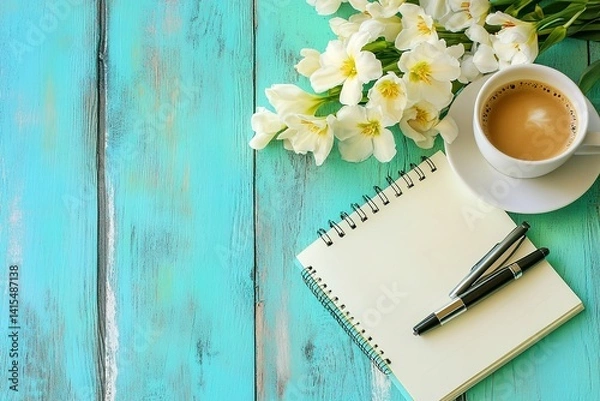 Fototapeta Blank notepad, pen and coffee cup on turquoise wooden table with freesia flowers. Top view, flat lay, mockup