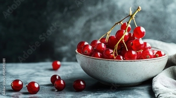 Fototapeta Fresh red currants in a bowl on a textured surface