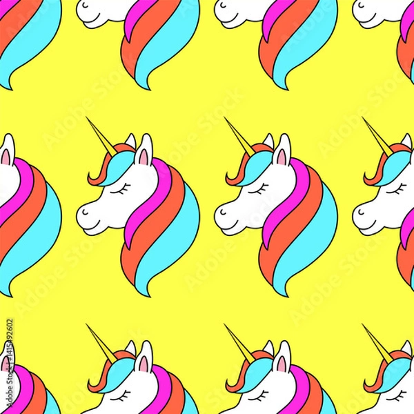 Fototapeta Unicorns seamless pattern on yellow background, vector illustration.