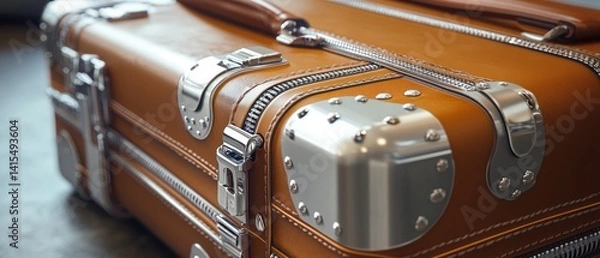 Fototapeta Elegant leather suitcase with metallic accents close-up