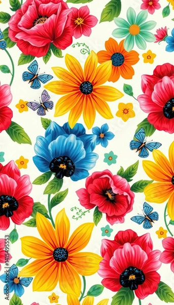 Fototapeta Floral and Butterfly Pattern Background: Colorful floral pattern with red, yellow, and blue flowers. Butterflies scattered throughout the design, add a lively element against the light background.