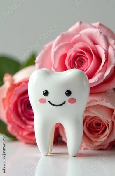 Fototapeta The tooth figurines are surrounded by flowers. the stomatology clinic. A festive medical concept. vertically