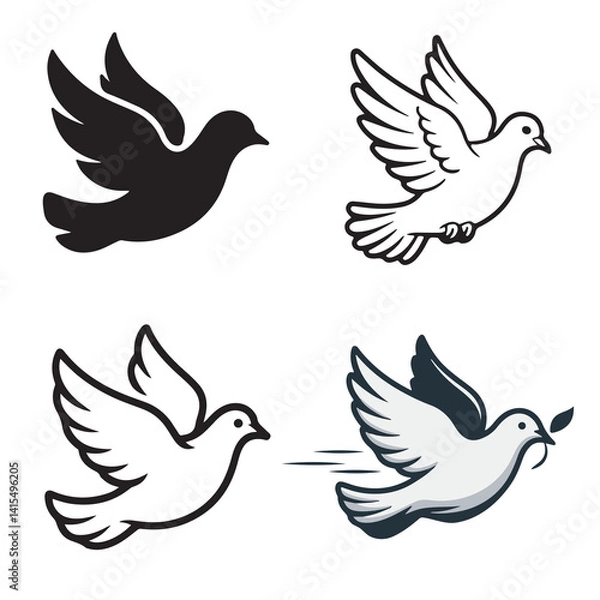 Fototapeta Peaceful flying doves with branches in a symbolic bird silhouette design