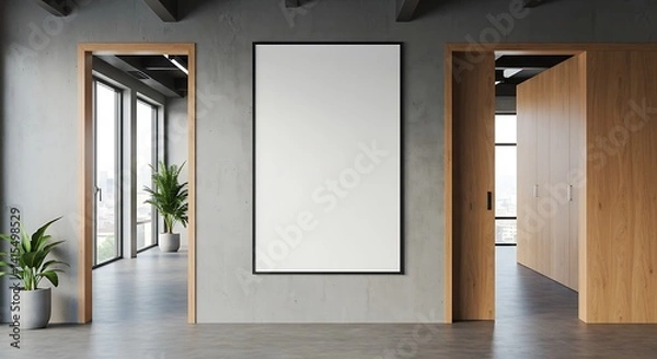Fototapeta Modern Minimalist Office Hallway with Concrete Walls and Large Blank Poster