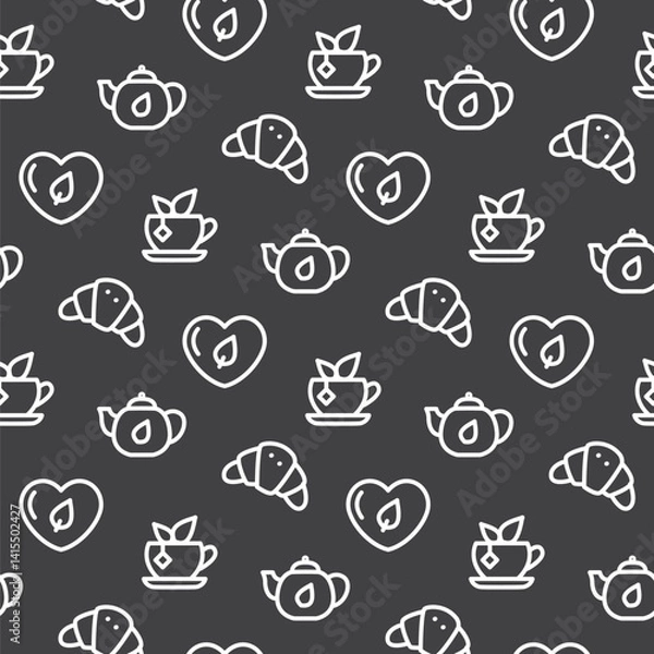 Fototapeta Seamless pattern with tea mug, croissant and teapot. Tea party. Outline icons. Texture pattern with tea icons. Wallpaper template. Editable white objects on dark background.