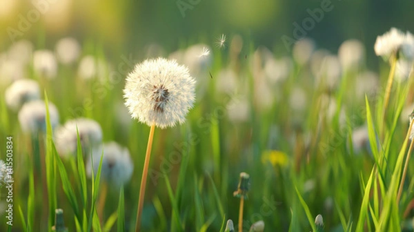 Fototapeta Dandelion seeds dispersing in a sunny meadow, symbolizing new beginnings and the fleeting nature of life.