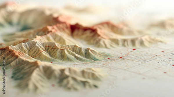 Obraz Detailed 3D topographic map highlighting mountainous terrain with contour lines and elevation points, emphasizing geographic features and landforms.