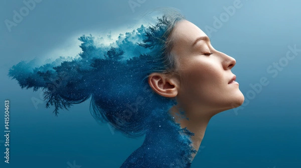 Fototapeta Artistic depiction of a woman with a tranquil expression, her hair transforming into a lush, fantastical forest under a starry sky.