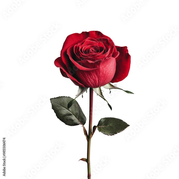 Obraz Elegant Red Rose with Green Leaves Isolated on Black Background