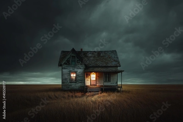 Obraz An old, dilapidated house stands alone in a field at night, illuminated by a warm light.