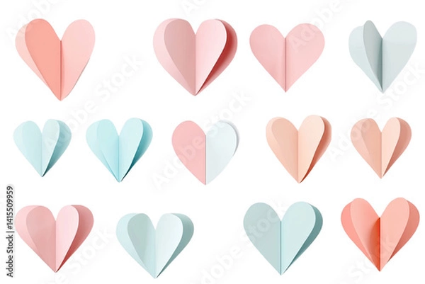 Fototapeta Colorful paper hearts in various styles, isolated on white background.