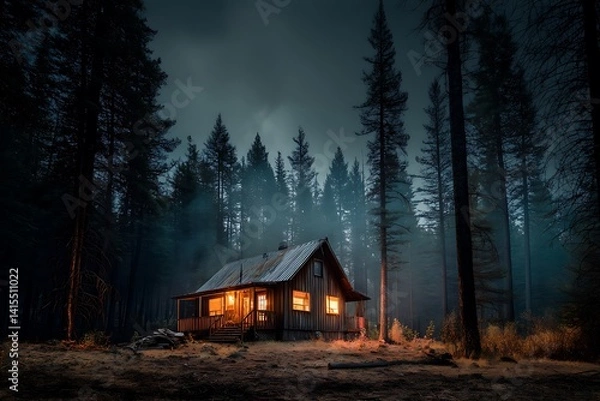 Fototapeta A solitary cabin nestled deep within a dark and foggy forest, bathed in the warm glow of its windows, creating a sense of mystique and tranquility.