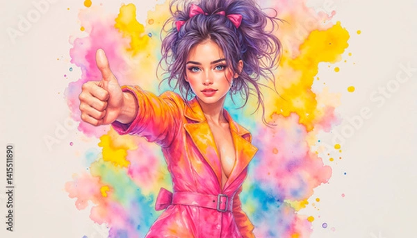 Fototapeta A mischievous charming and beautiful girl shows a thumb up. Give me five