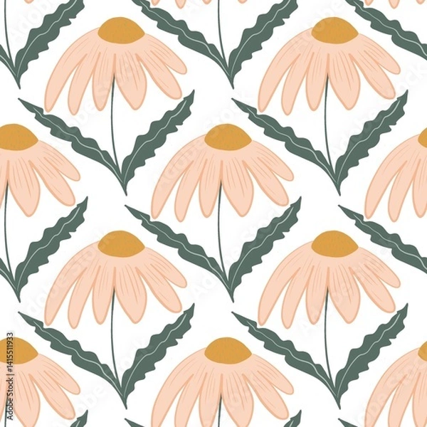 Fototapeta Seamless pattern with daisy flowers on white background, Hand-drawn botanical daisy floral pattern.botany elements.