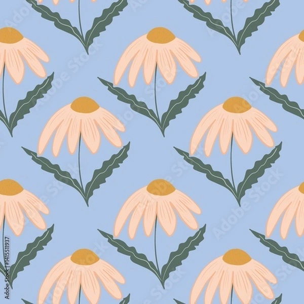 Fototapeta Seamless pattern with daisy flowers on blue background, Hand-drawn botanical daisy floral pattern.botany elements.