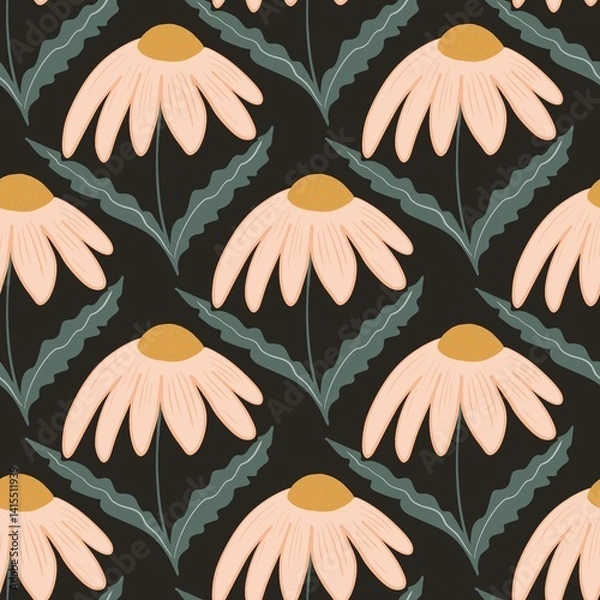 Fototapeta Seamless pattern with daisy flowers on black background, Hand-drawn botanical daisy floral pattern.botany elements.