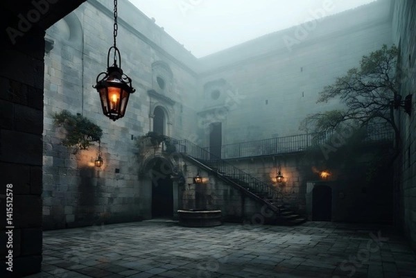 Obraz Mysterious gothic courtyard in the fog at twilight, with antique lanterns and stone walls.