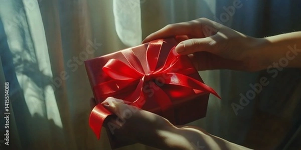 Obraz A pair of hands delicately hold a red gift box adorned with a shiny ribbon, bathed in soft natural light.