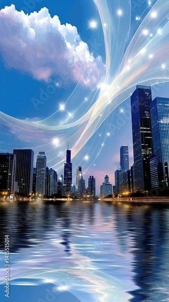 Obraz Futuristic City Skyline at Dusk with Glowing Light Trails in the Sky and Reflections on Water Creating a Magical Urban Scene