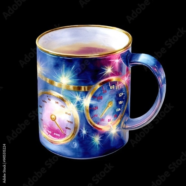 Obraz Colorful Watercolor Mug with Retro Futuristic Speedometers and Shiny Stars on Blue Background Isolated on Black Surface