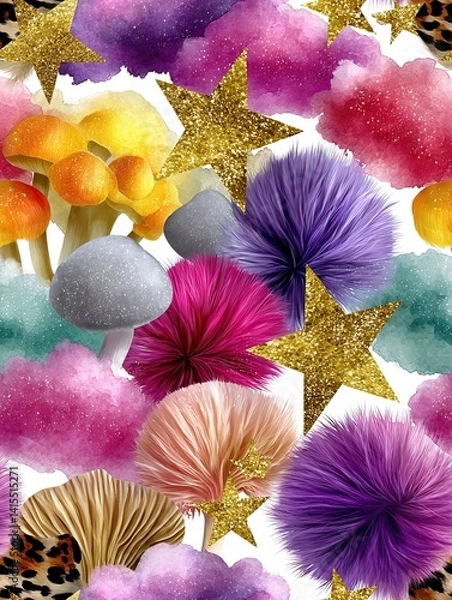 Obraz Vibrant Seamless Pattern of Colorful Mushrooms, Furry Textures, Glitter Gold Stars, and Watercolor Clouds on White Background