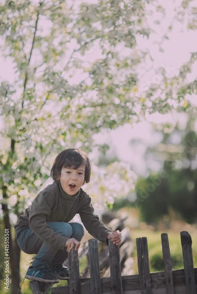 Obraz A little boy climbed the fence with a funny expression on his face
