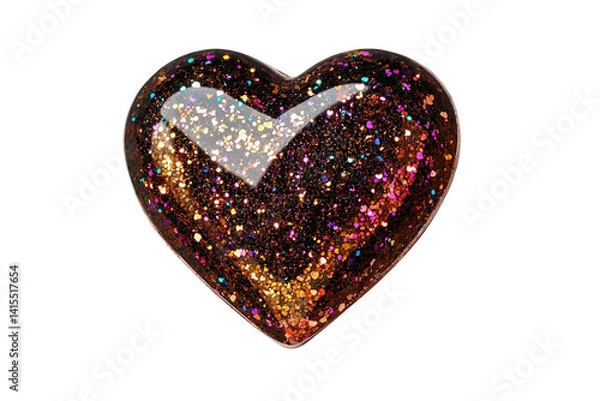 Fototapeta Glittering heart-shaped object with colorful sparkles on a white isolated background.
