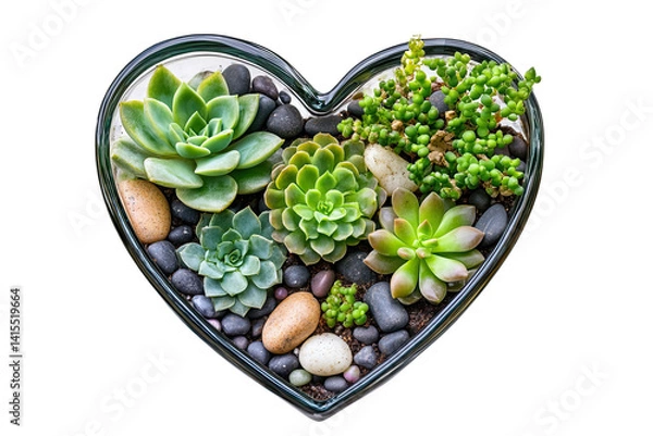 Fototapeta Heart-shaped arrangement of various succulents and stones on a white background.