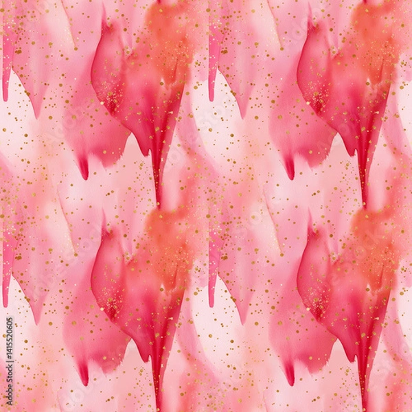 Fototapeta Pink and red abstract watercolor seamless pattern with gold splatter