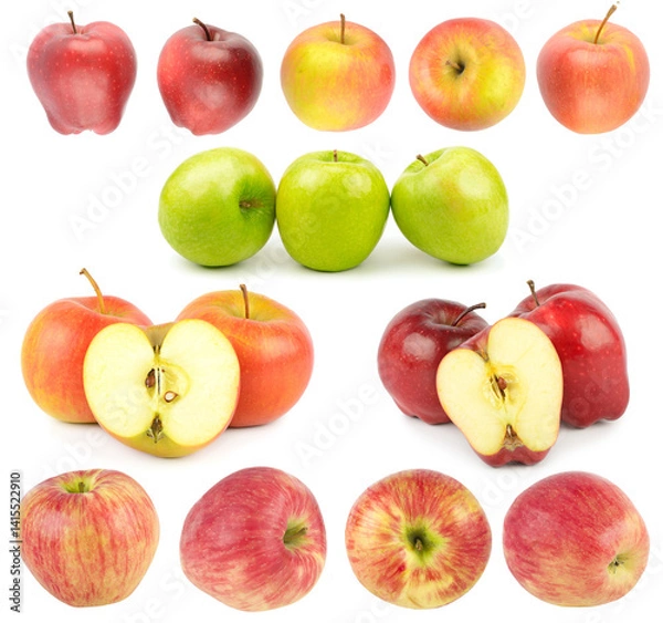 Fototapeta Set of ripe green and red apples from different angles isolated on white background.