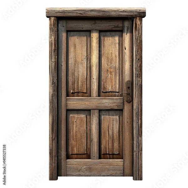 Fototapeta Vintage wooden door with rustic charm, featuring detailed panels and a classic knob, white isolate background.