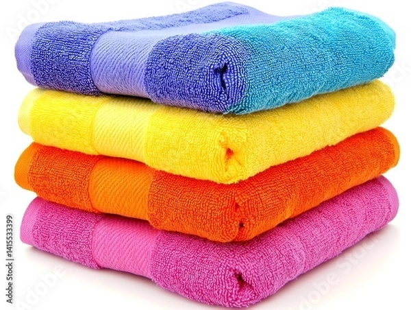 Fototapeta Vibrant Pile of Soft Cotton Towels Neatly Arranged on White Background