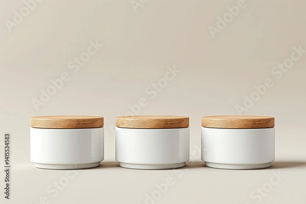 Obraz Three white containers with wooden lids
