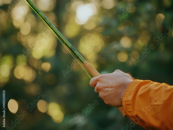 Fototapeta A person holding a fishing rod with a green handle