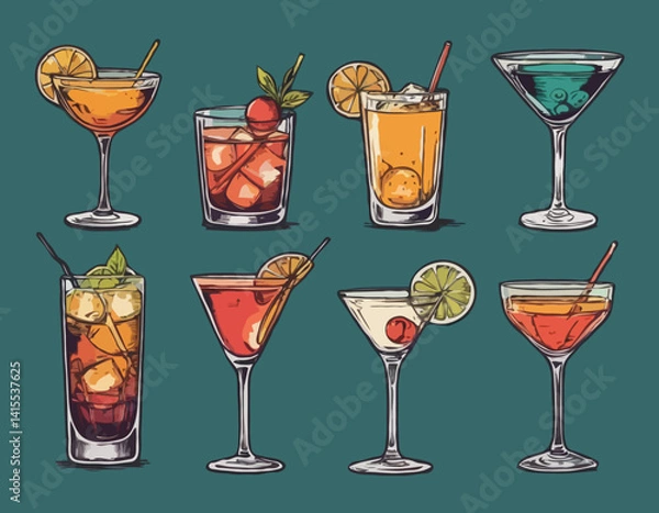 Fototapeta Hand-drawn collection of cocktails and drinks in various glass styles. Vintage ink sketch vector illustrations of classic alcoholic beverages.