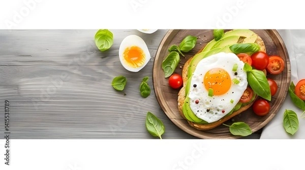 Fototapeta Beautifully Plated Avocado Toast with Poached Egg Cherry Tomatoes and Fresh Basil on Rustic Wooden Plate