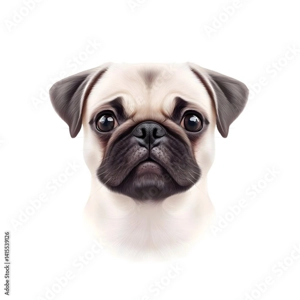 Fototapeta Adorable Pug Dog with Wrinkled Facial Features on a Clean White Background  Ready for Versatile Commercial Use