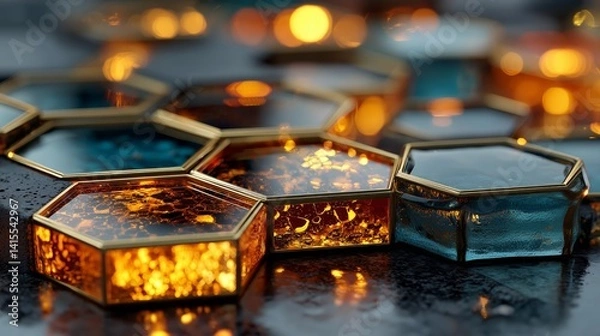 Fototapeta Honeycomb Glass Pattern with Golden Light Refraction Close-up - made with Generative AI