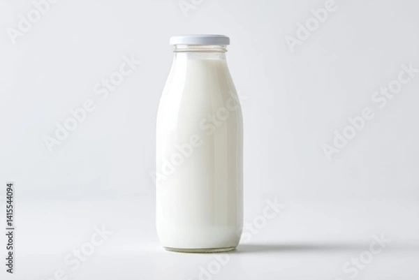 Fototapeta minimalistic image of single glass milk bottle on plain white background
